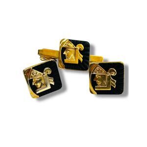 Vintage Set of Cufflinks and Tie Bar Clip Goldtone Black Enameled